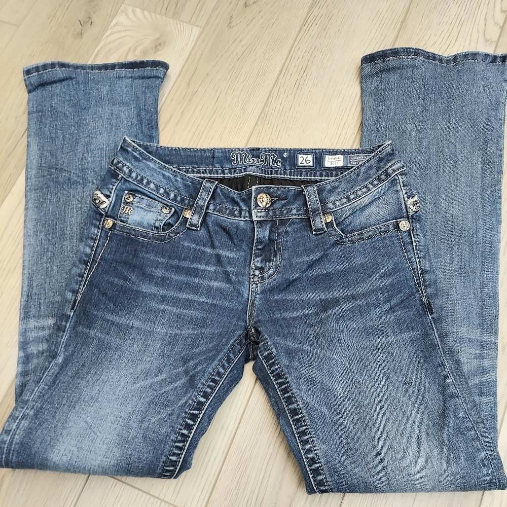 Miss Me 26 x 29 blue Bling Embroidered  Denim Boot cut Jeans - Picture 2 of 7